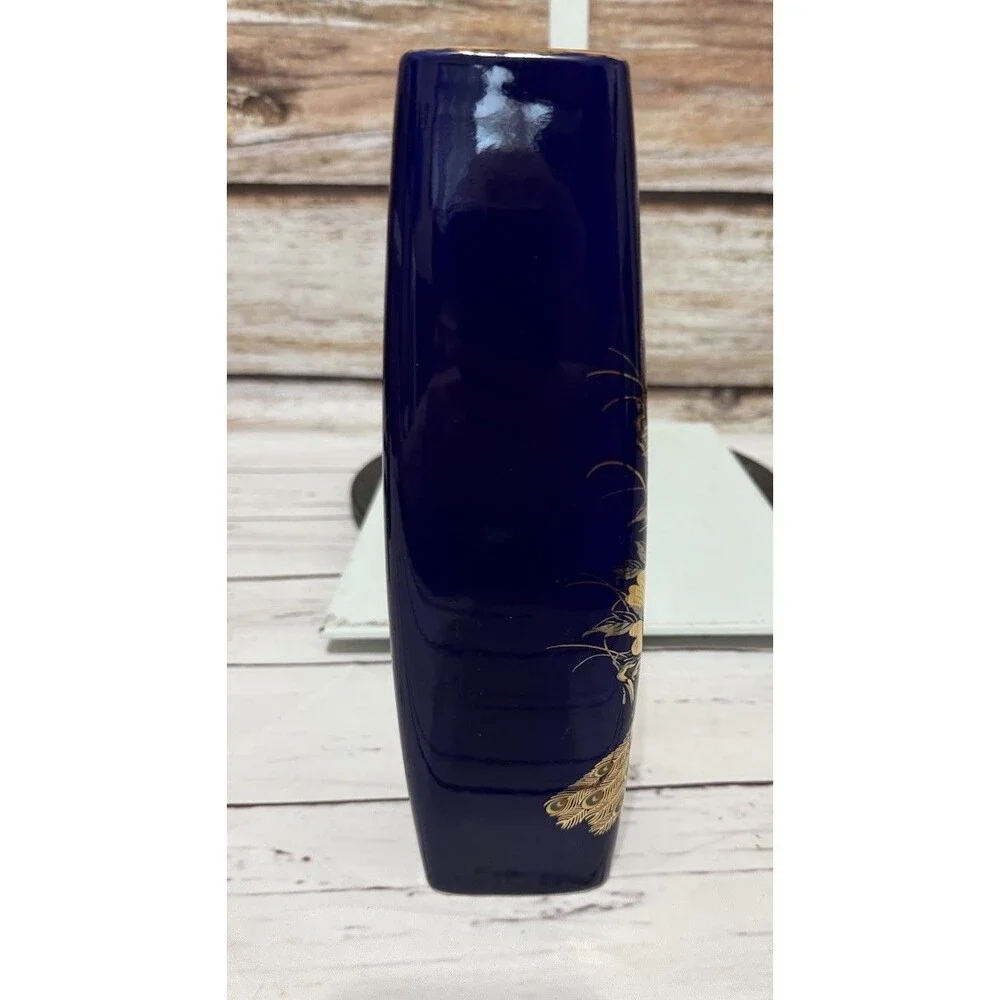 Japanese Colbalt Blue Vase Pheasant & Peony Floral Design Vintage Original